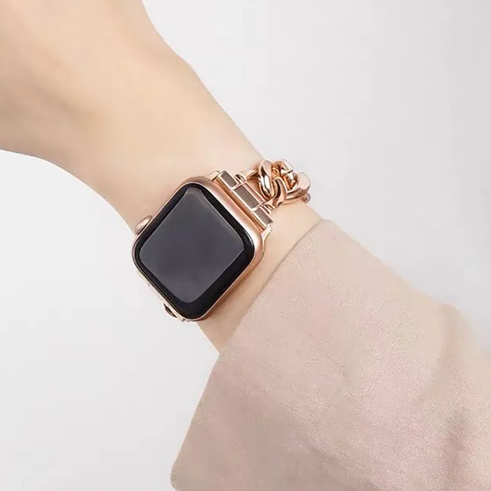 Stainless Steel Chain Bracelet Compatible With Apple Watch Band for 42MM 44MM 45MM- Rose Gold