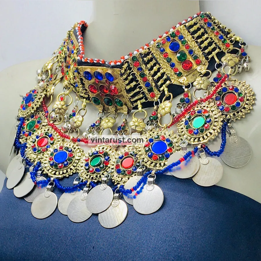 Statement Choker Necklace With Multicolor Glass Stones