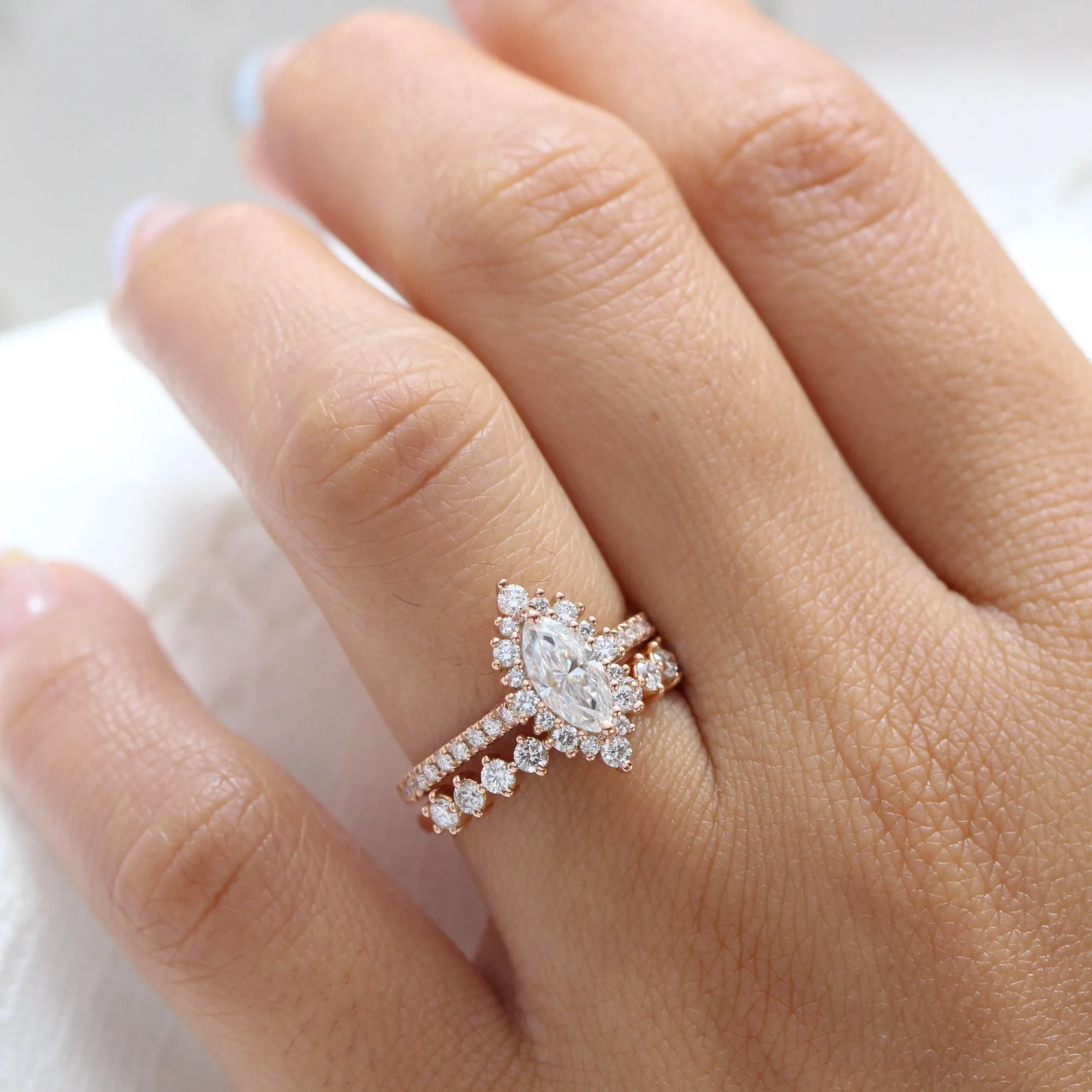 Tiara Halo Marquise Ring Bridal Set w/ Moissanite and 4 Prong Diamond Band