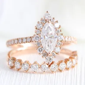 Tiara Halo Marquise Ring Bridal Set w/ Moissanite and 4 Prong Diamond Band