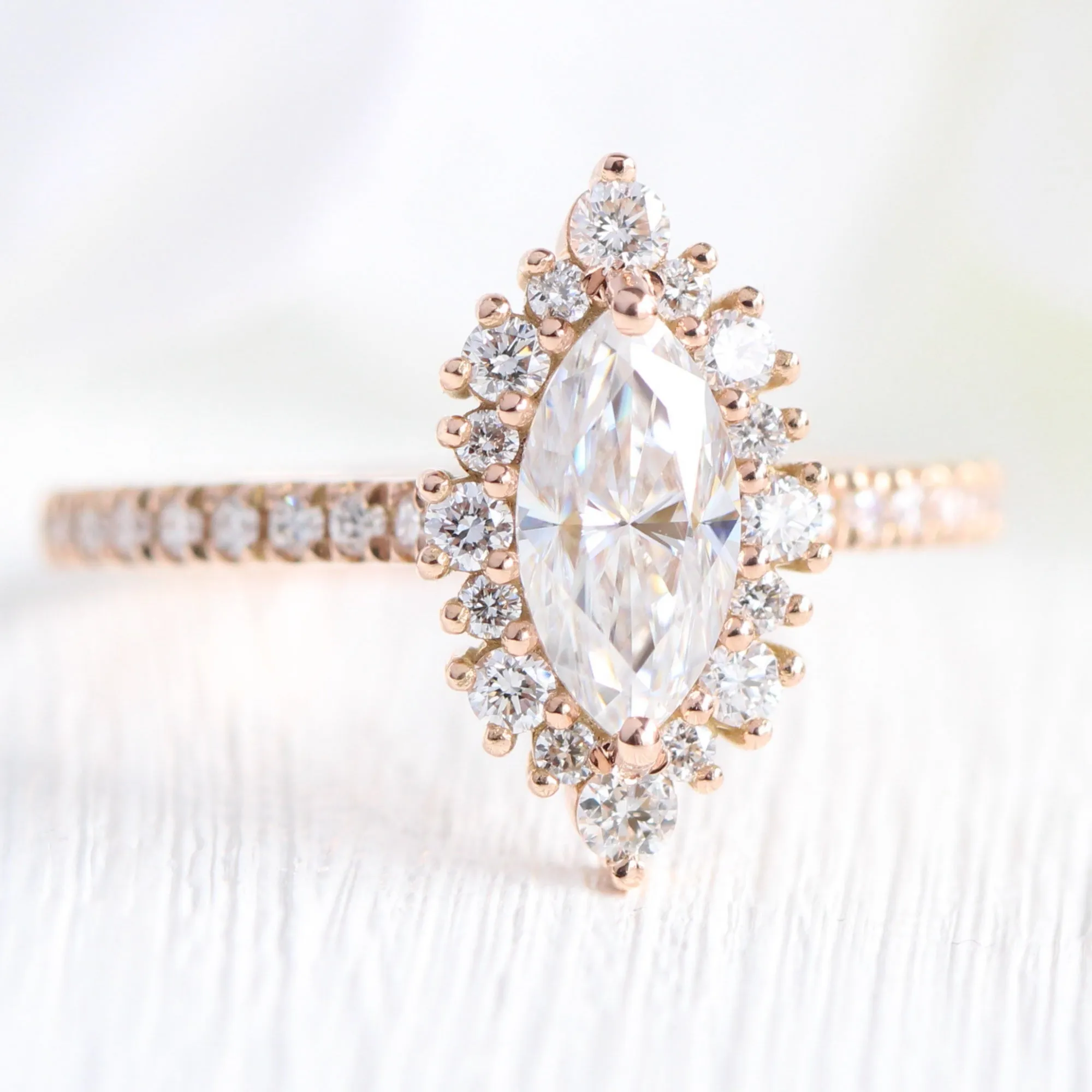 Tiara Halo Marquise Ring Bridal Set w/ Moissanite and 4 Prong Diamond Band