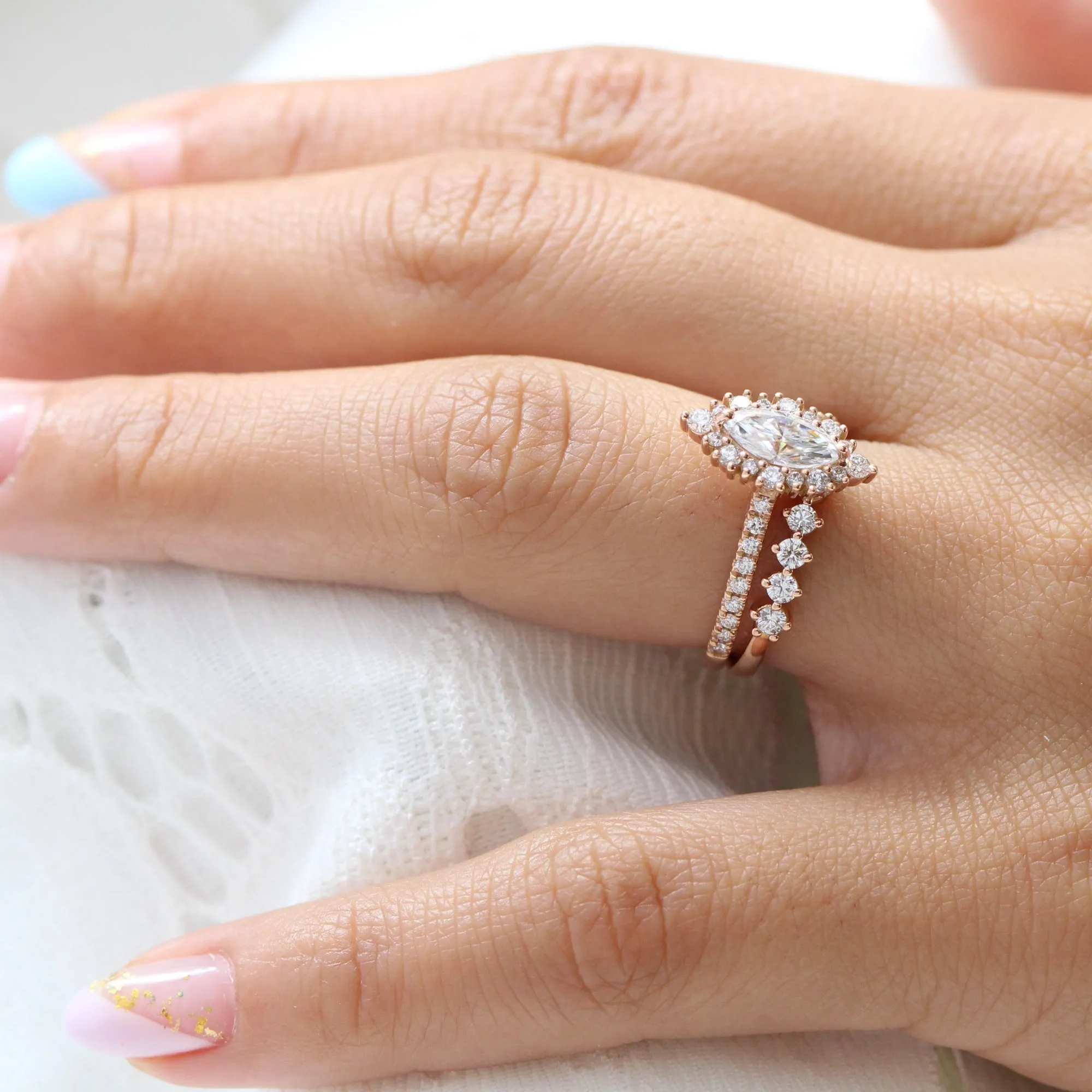 Tiara Halo Marquise Ring Bridal Set w/ Moissanite and 4 Prong Diamond Band