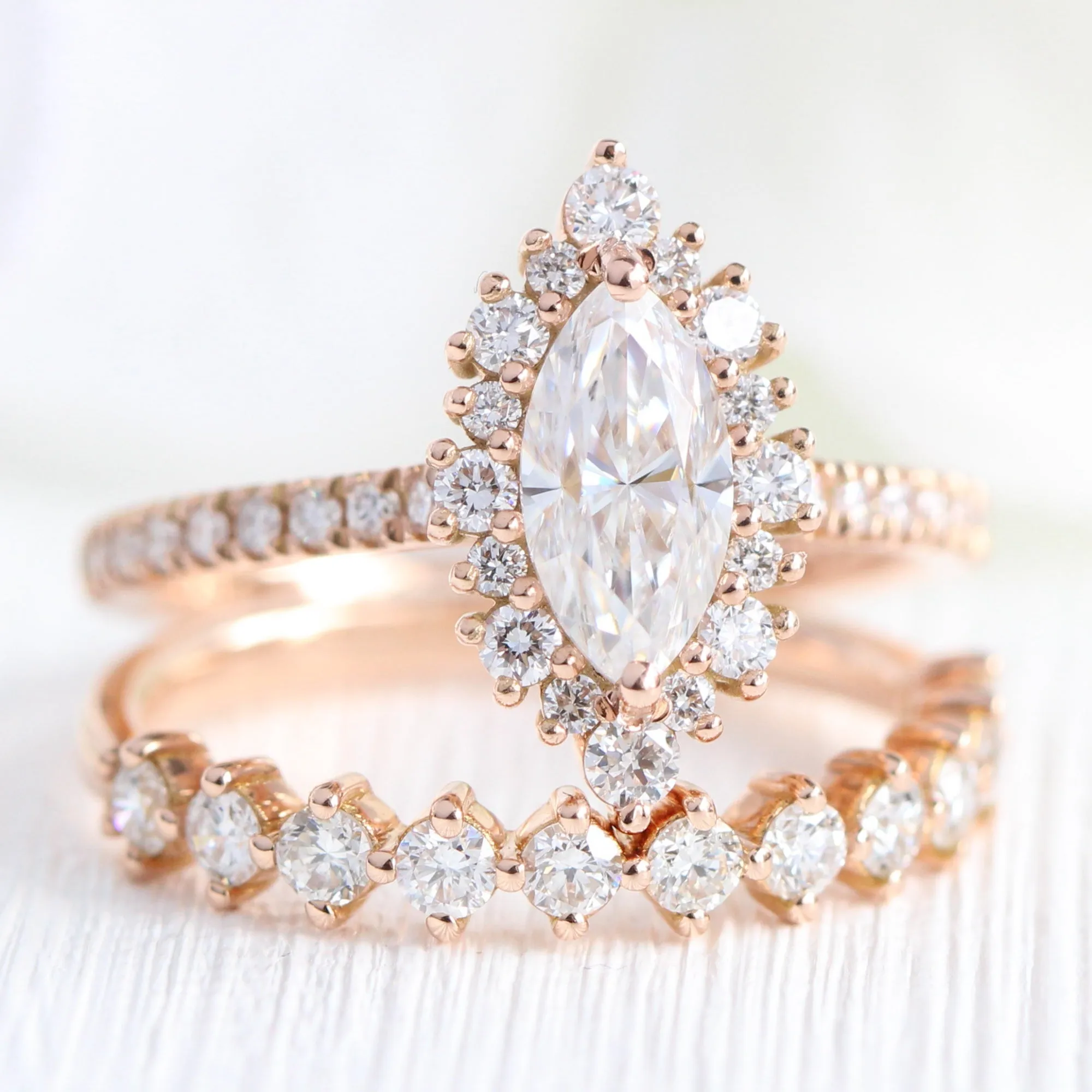 Tiara Halo Marquise Ring Bridal Set w/ Moissanite and 4 Prong Diamond Band