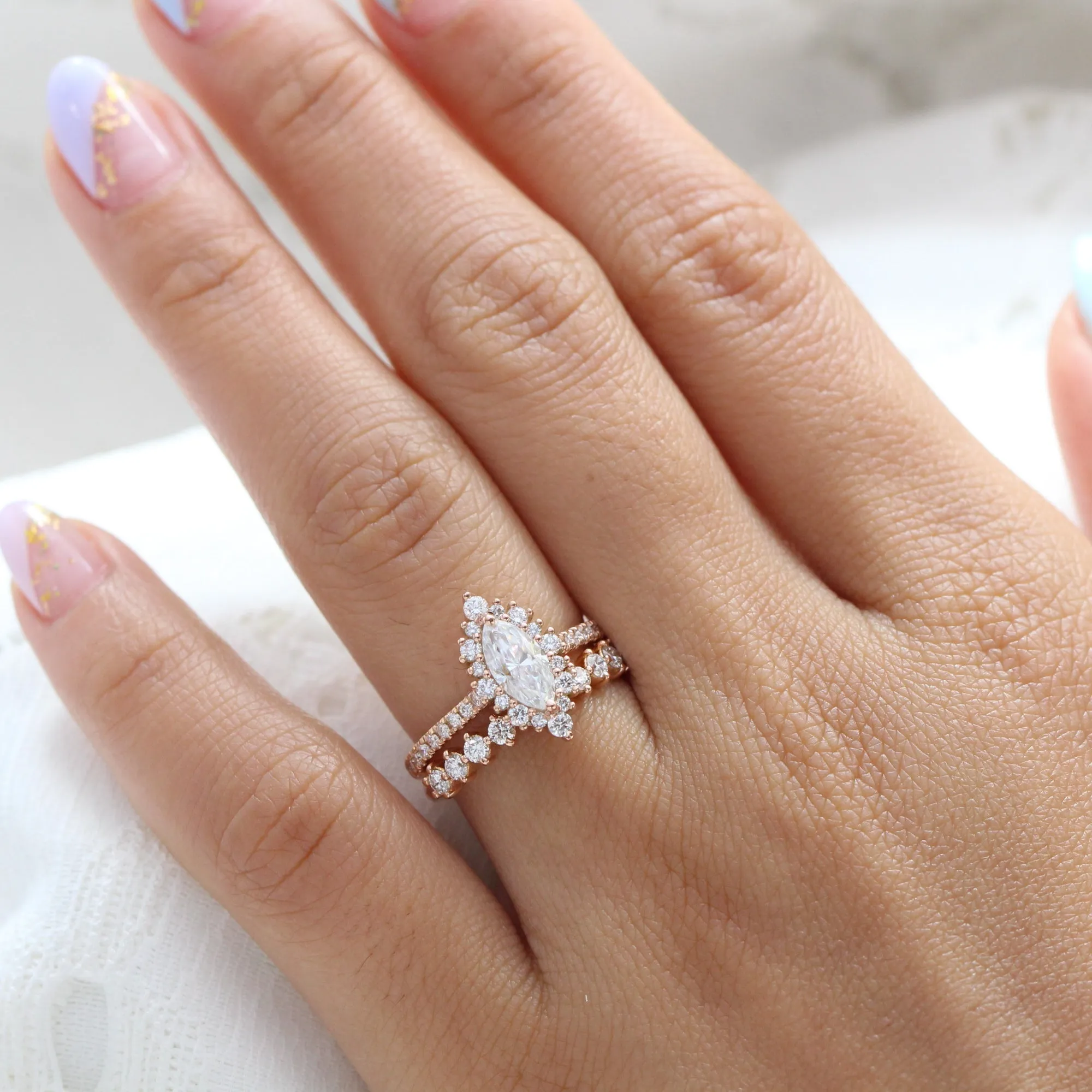Tiara Halo Marquise Ring Bridal Set w/ Moissanite and 4 Prong Diamond Band