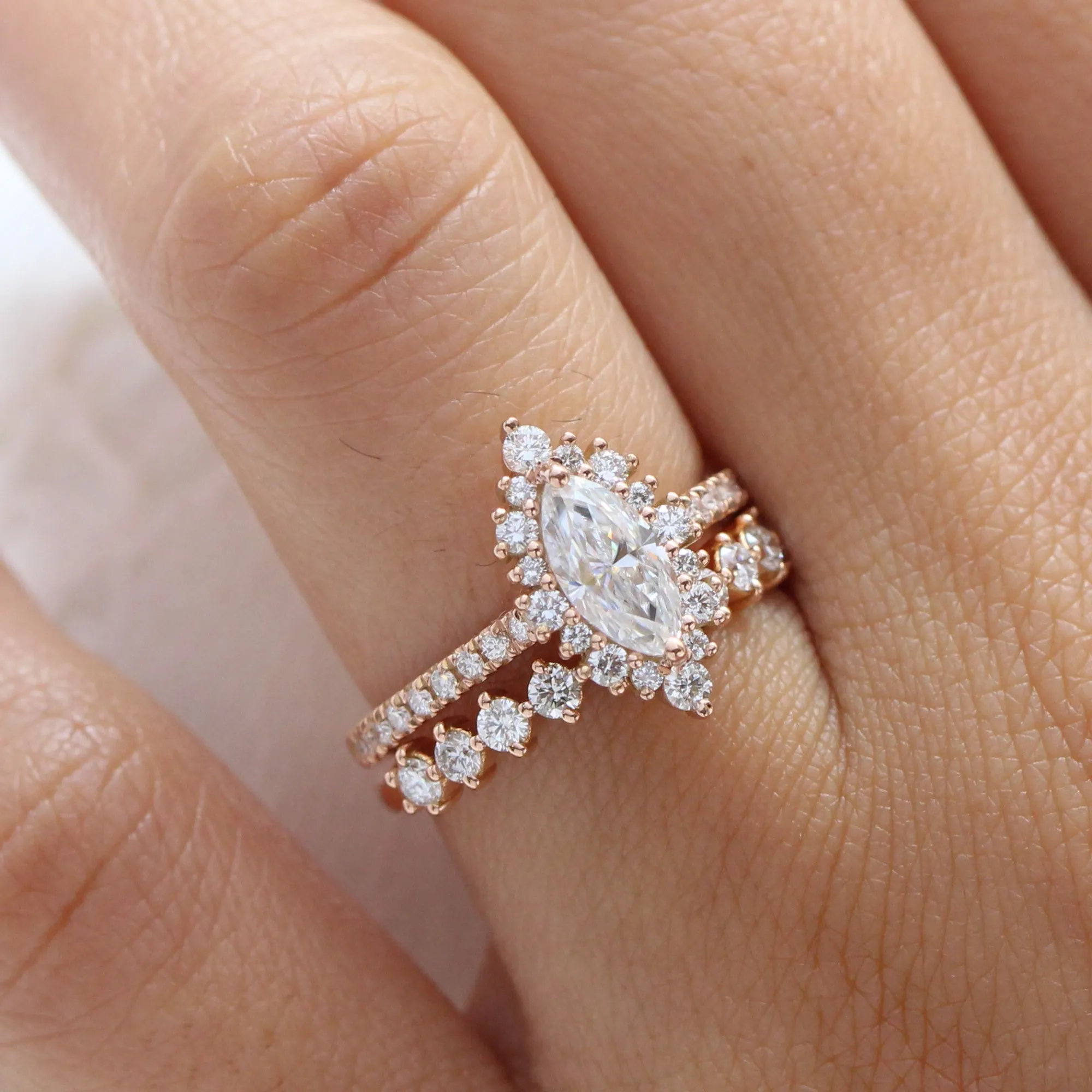 Tiara Halo Marquise Ring Bridal Set w/ Moissanite and 4 Prong Diamond Band