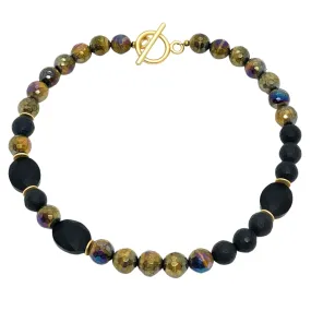 Tigers Eye, Black Onyx, and Matte Black Crystal Beaded Necklace