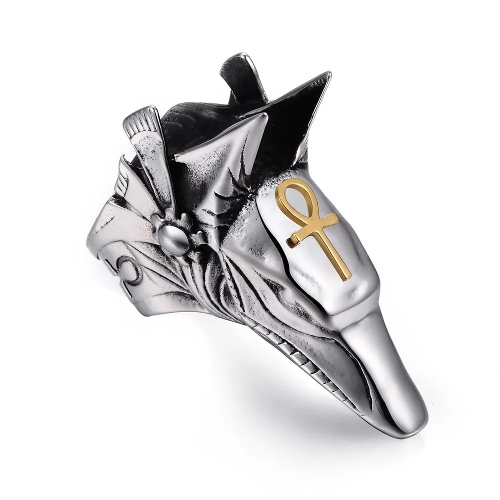 Titanium Steel Egyptian Anubis with Ankh 'LIFE' Symbol Self Defense Ring