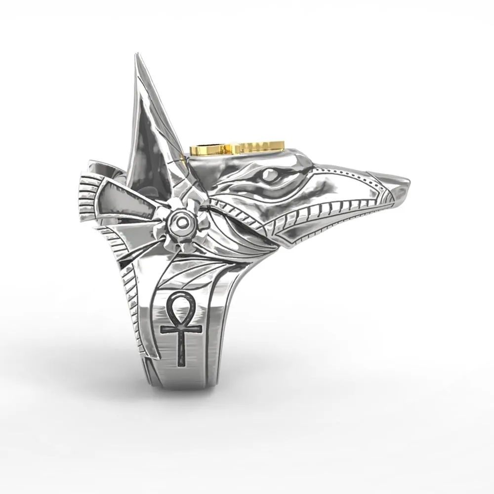 Titanium Steel Egyptian Anubis with Ankh 'LIFE' Symbol Self Defense Ring