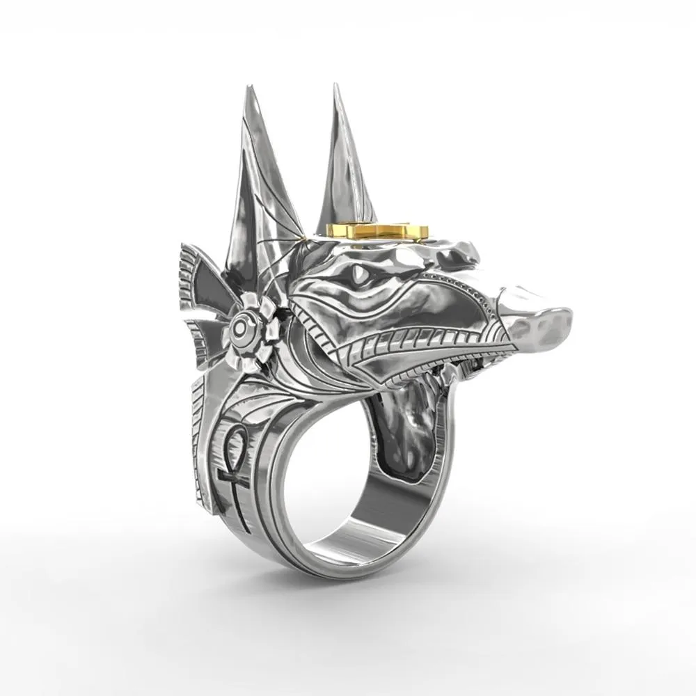 Titanium Steel Egyptian Anubis with Ankh 'LIFE' Symbol Self Defense Ring
