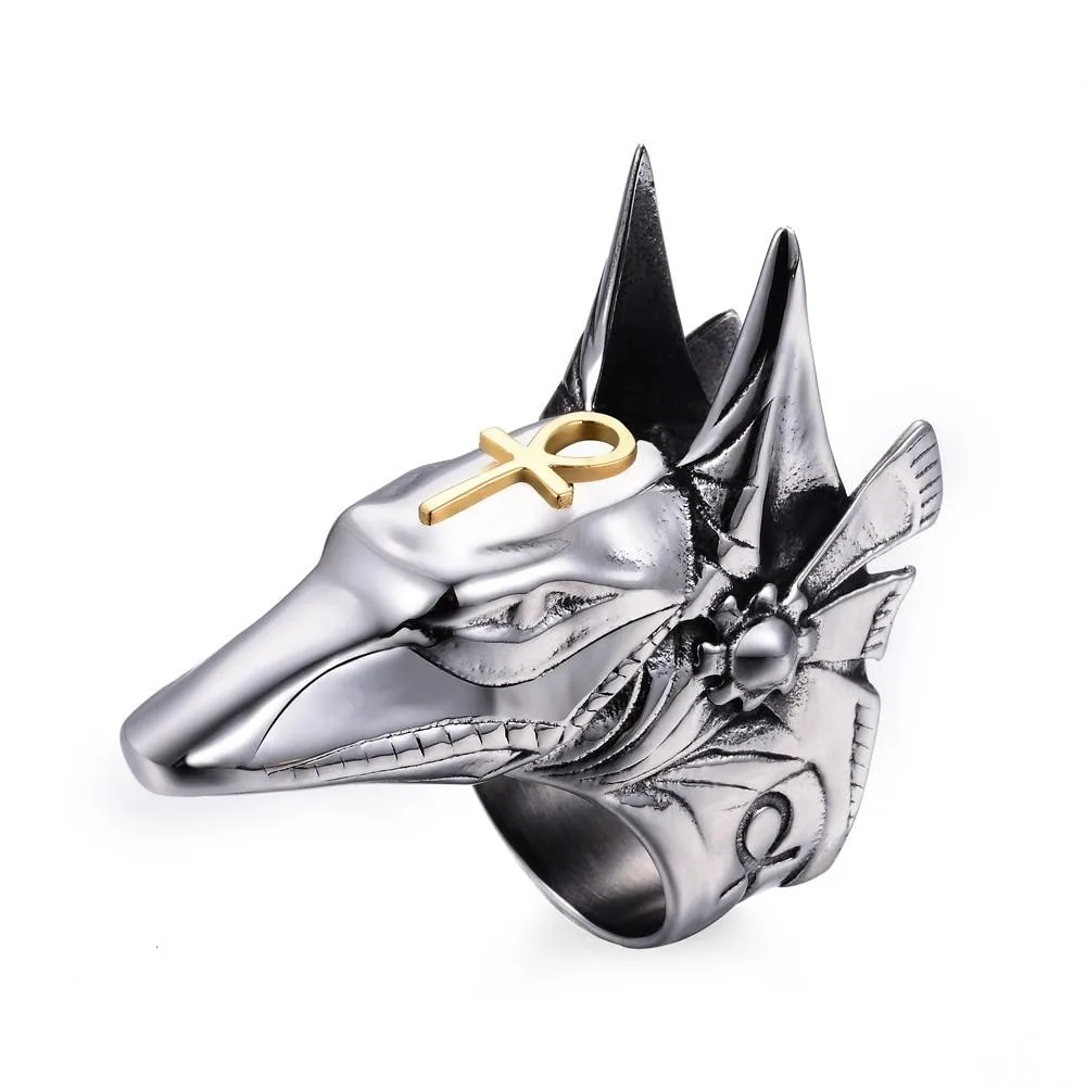Titanium Steel Egyptian Anubis with Ankh 'LIFE' Symbol Self Defense Ring