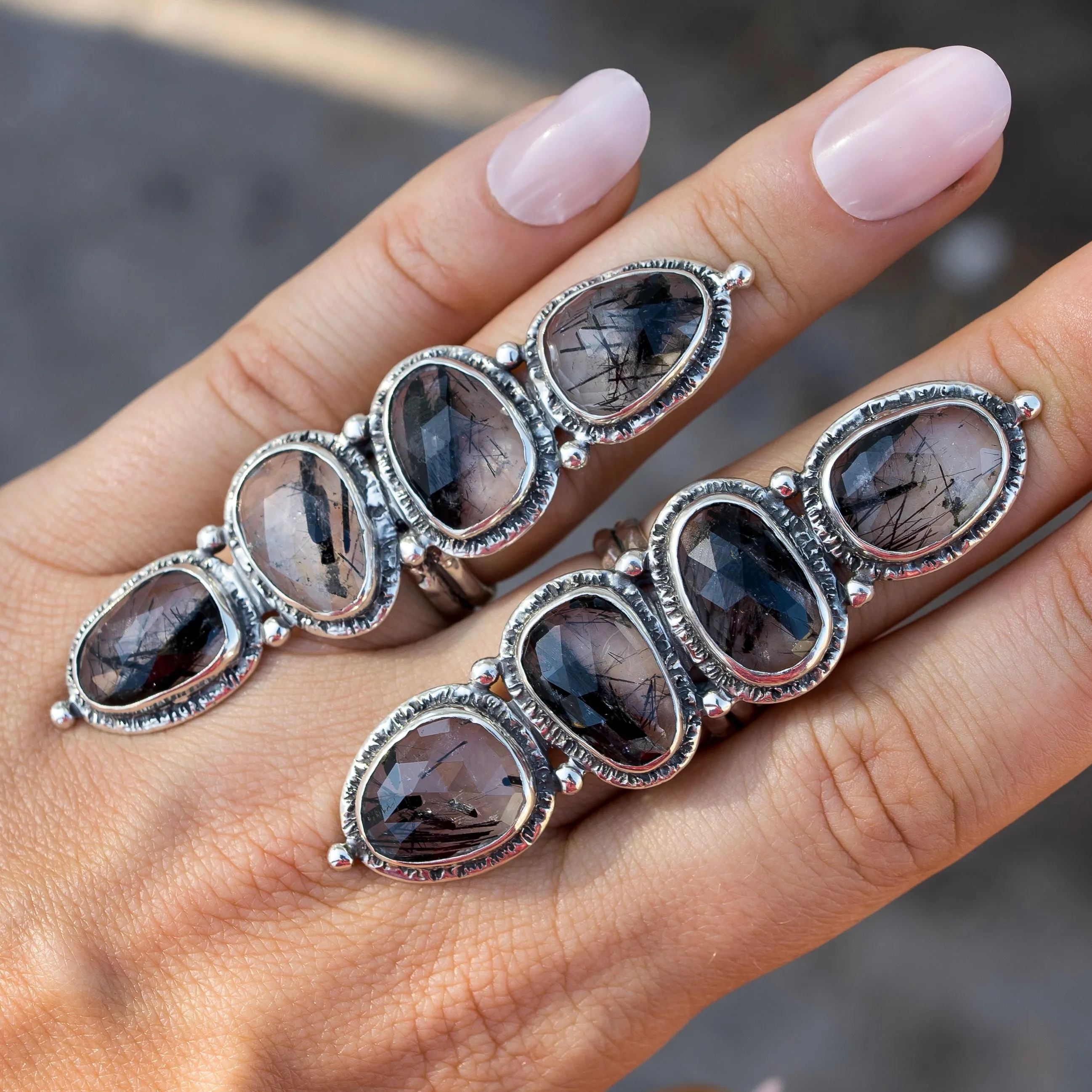 Tourmalinated Quartz Gypsy Ring- Sz 8