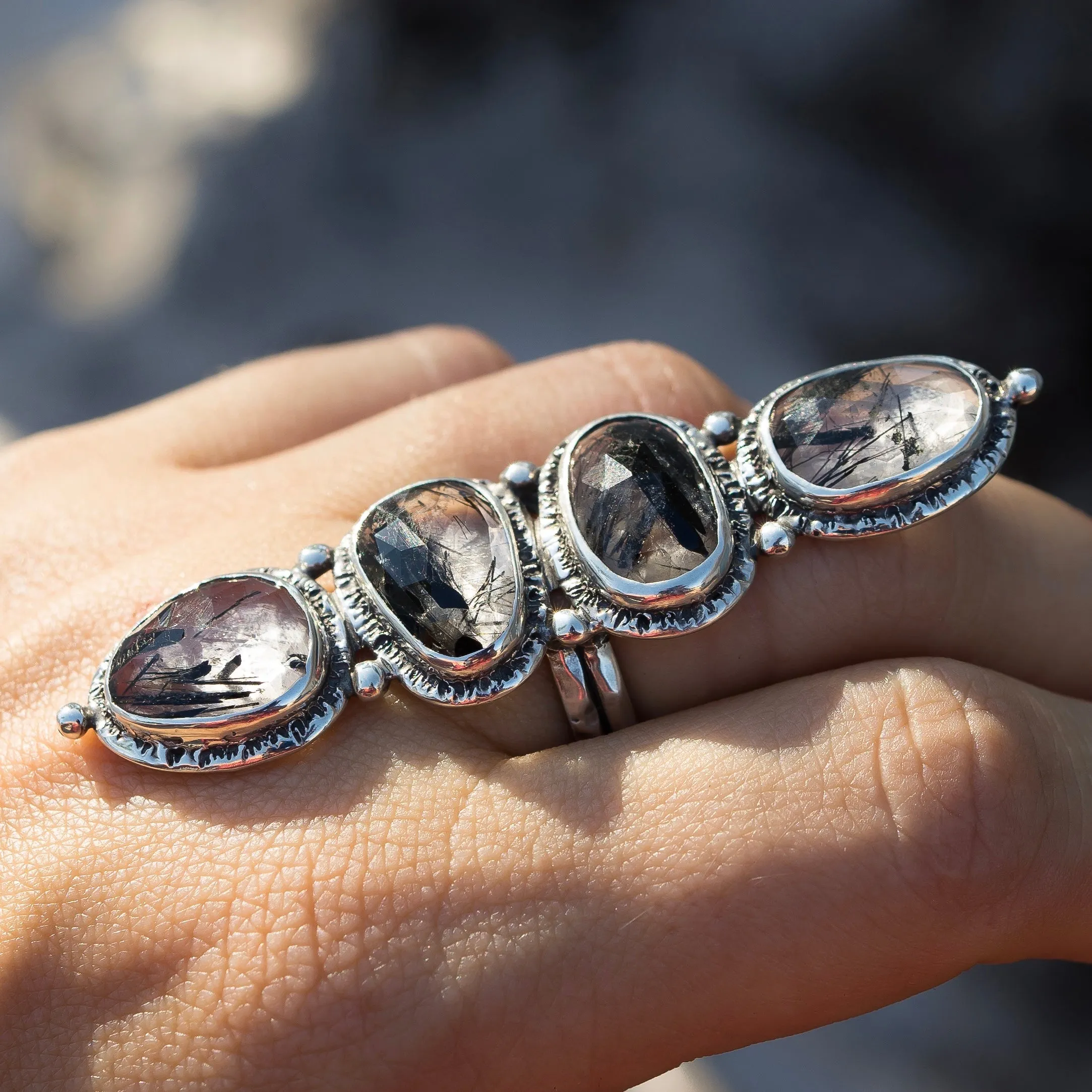 Tourmalinated Quartz Gypsy Ring- Sz 8