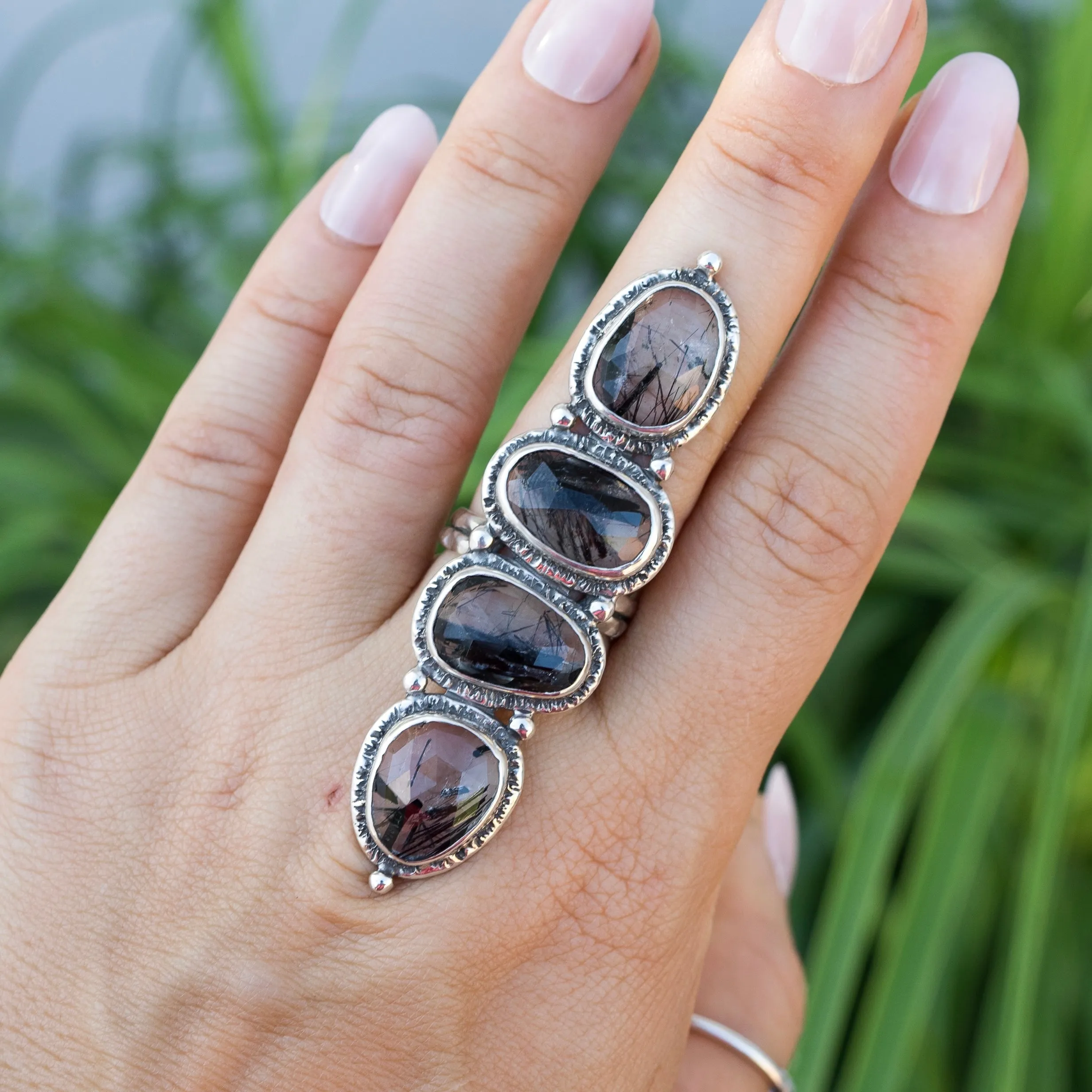 Tourmalinated Quartz Gypsy Ring- Sz 8