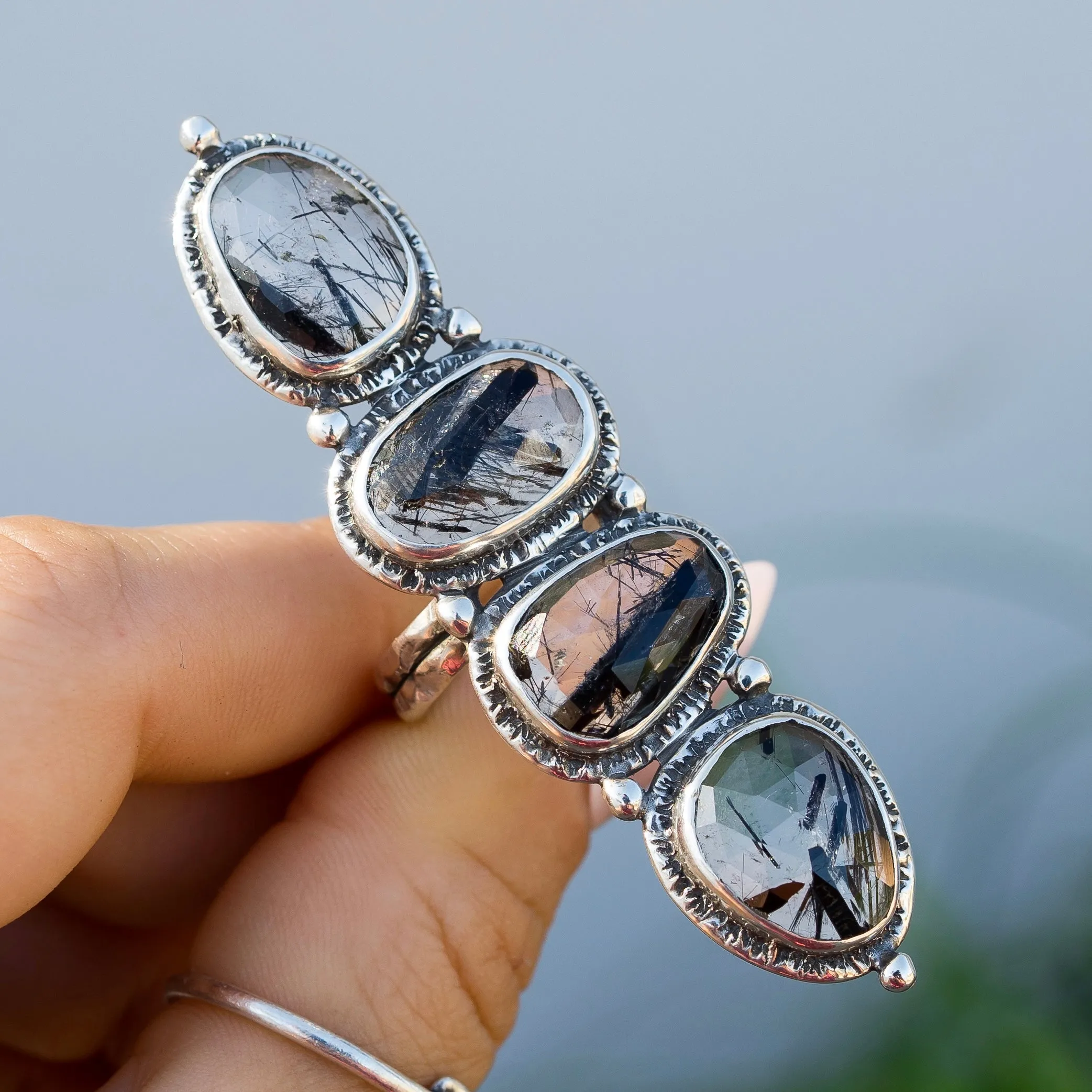 Tourmalinated Quartz Gypsy Ring- Sz 8