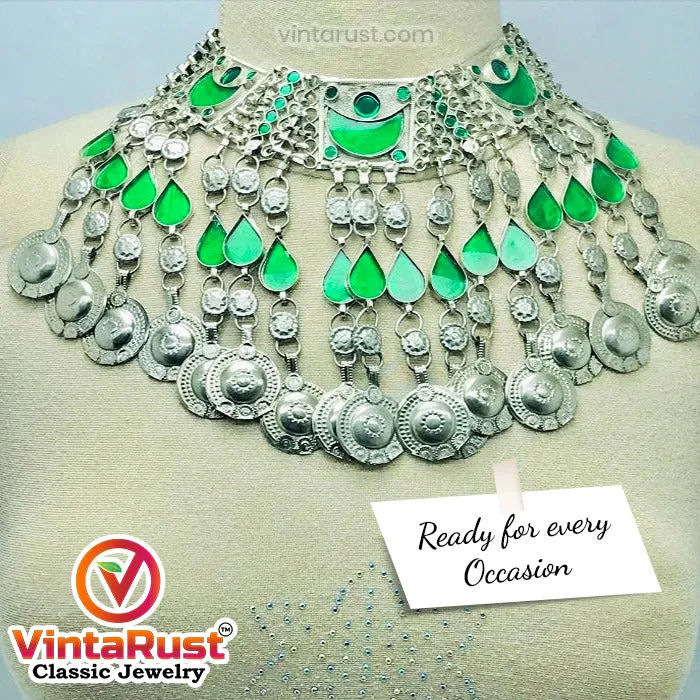 Tribal Green Long Tassels Choker Necklace
