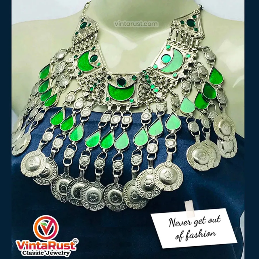 Tribal Green Long Tassels Choker Necklace