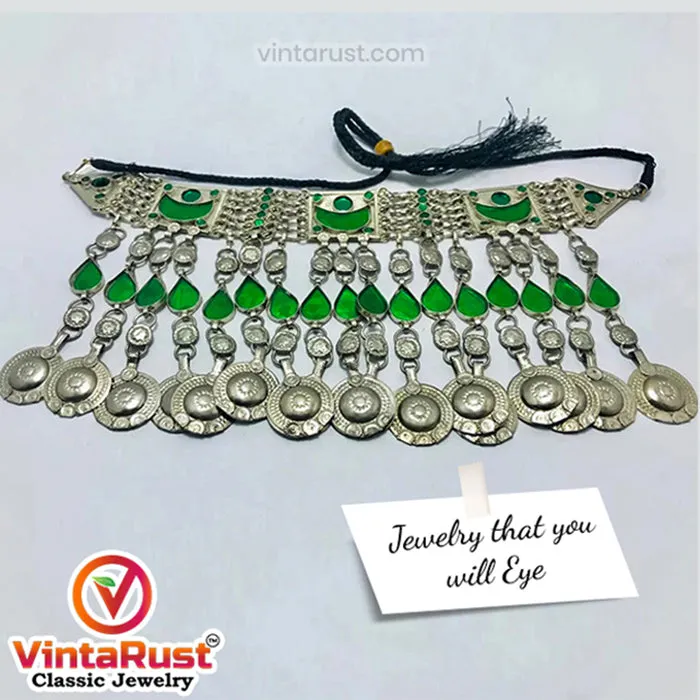 Tribal Green Long Tassels Choker Necklace