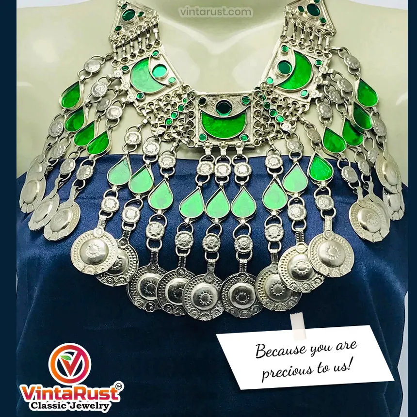 Tribal Green Long Tassels Choker Necklace