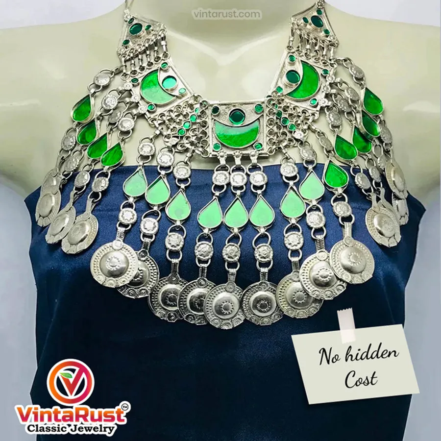 Tribal Green Long Tassels Choker Necklace