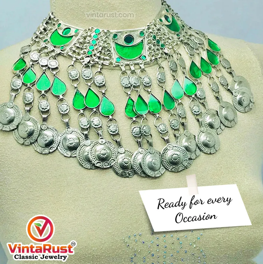 Tribal Green Long Tassels Choker Necklace