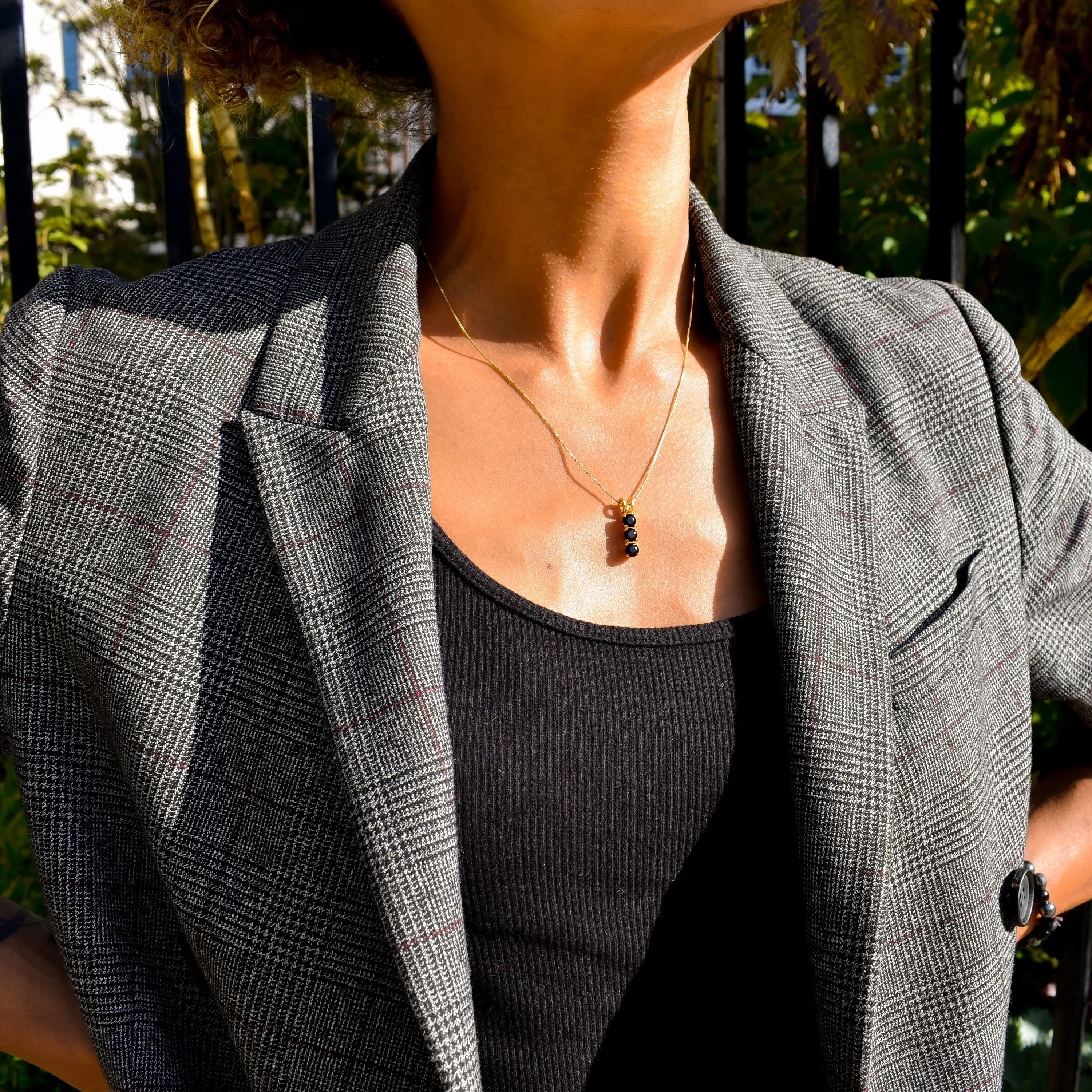 Trilogy Onyx Pendant - Gold Onyx Necklace - Black Vertical Necklace
