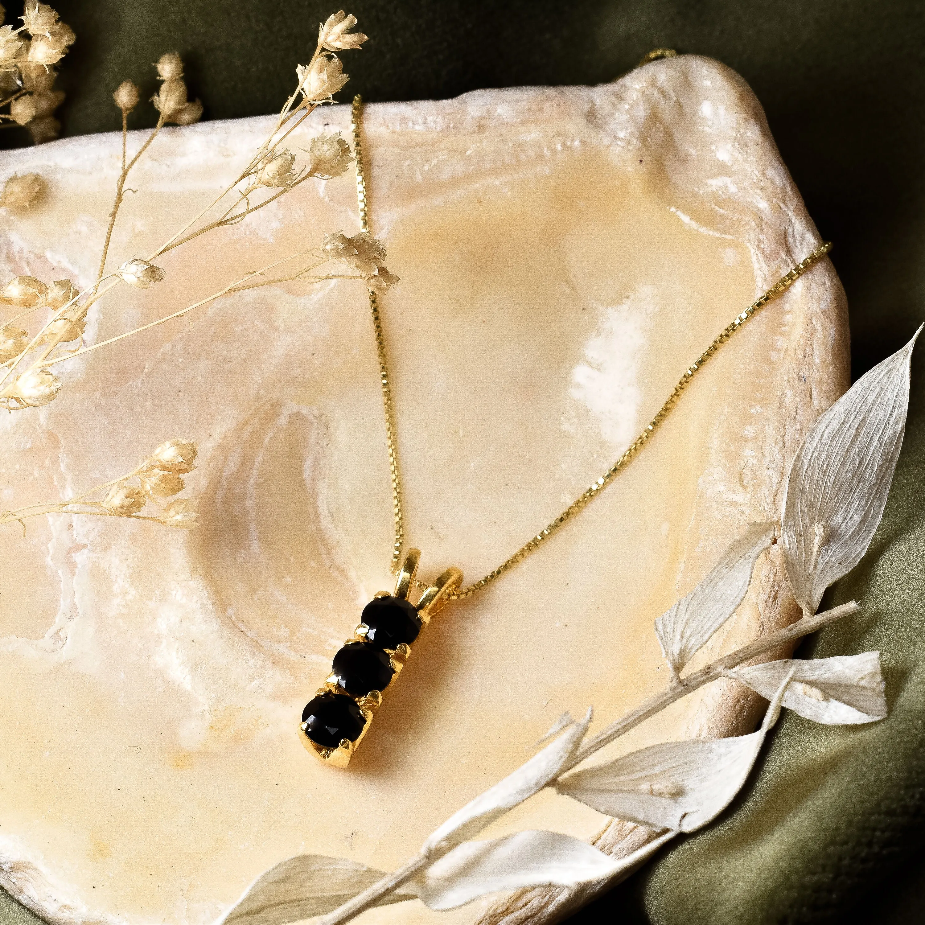 Trilogy Onyx Pendant - Gold Onyx Necklace - Black Vertical Necklace