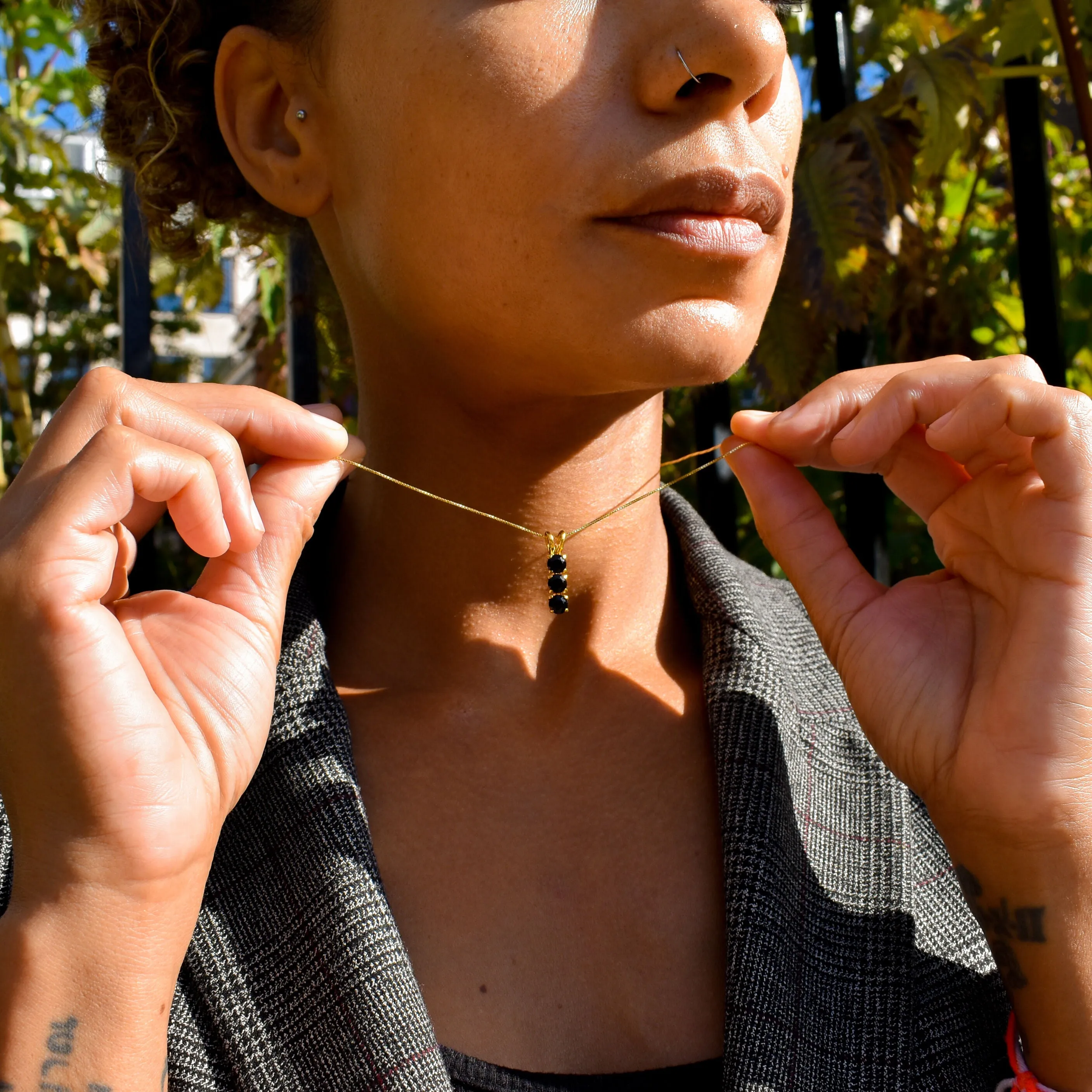 Trilogy Onyx Pendant - Gold Onyx Necklace - Black Vertical Necklace