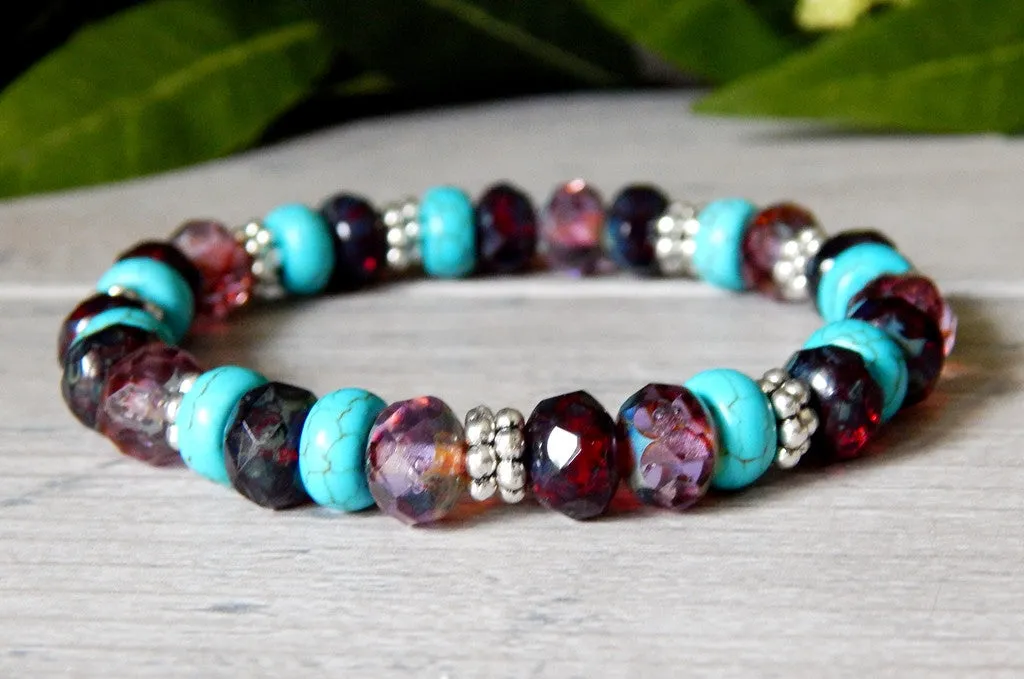 Turquoise, Purple and Ruby Beaded Bracelet