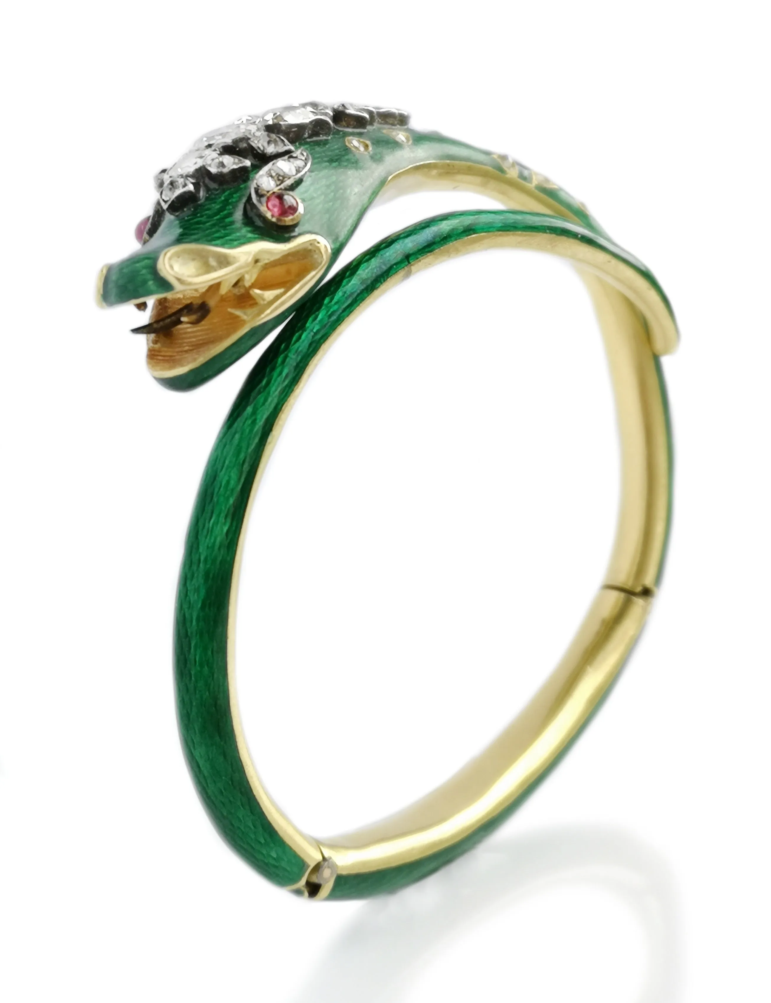 Victorian 2.10ct Old Cut Diamond, Ruby & Green Enamel Serpent Bracelet