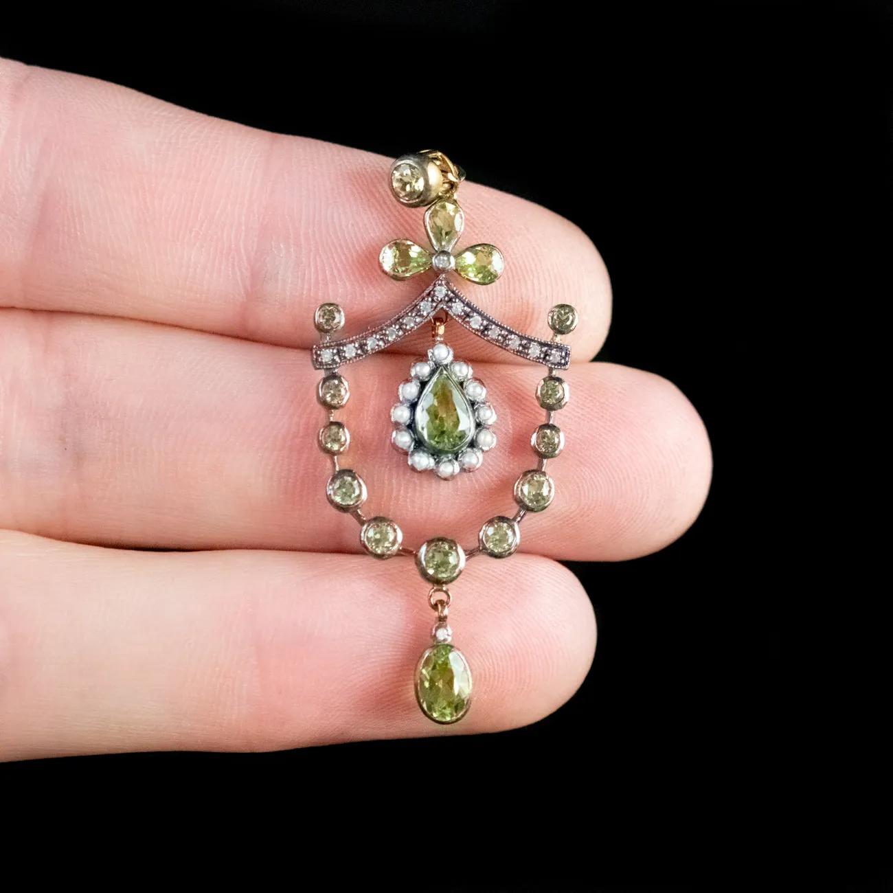 Victorian Style Peridot Pendant Diamond Pearl 18Ct Gold On Silver