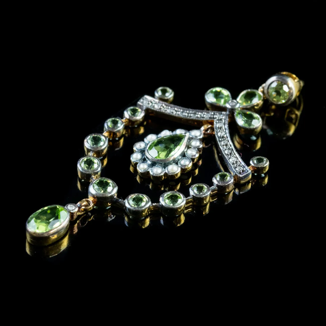 Victorian Style Peridot Pendant Diamond Pearl 18Ct Gold On Silver