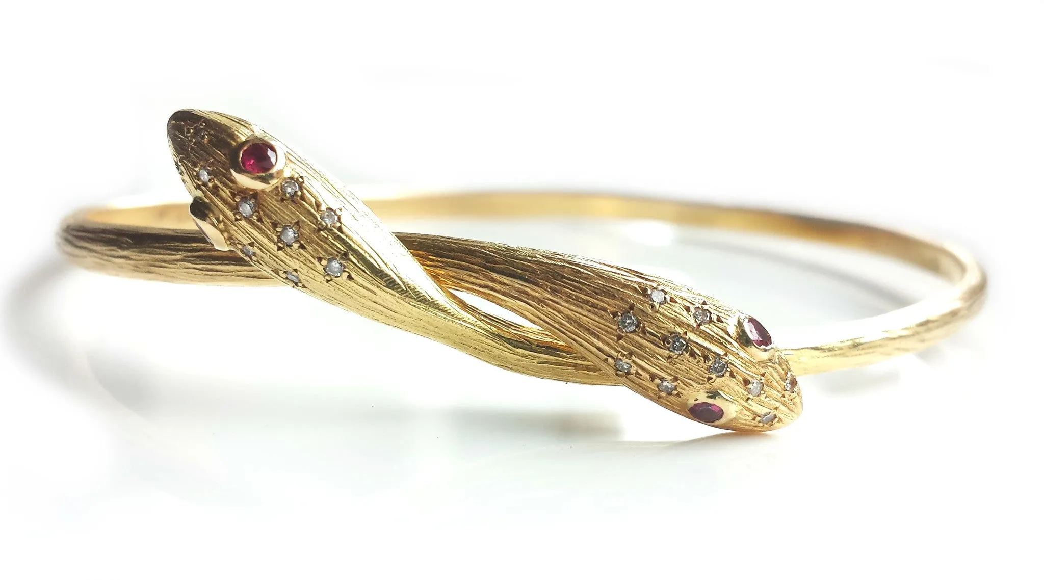 Vintage 1970s 18k Yellow Gold Serpent / Snake Bangle with Rubies & Diamonds