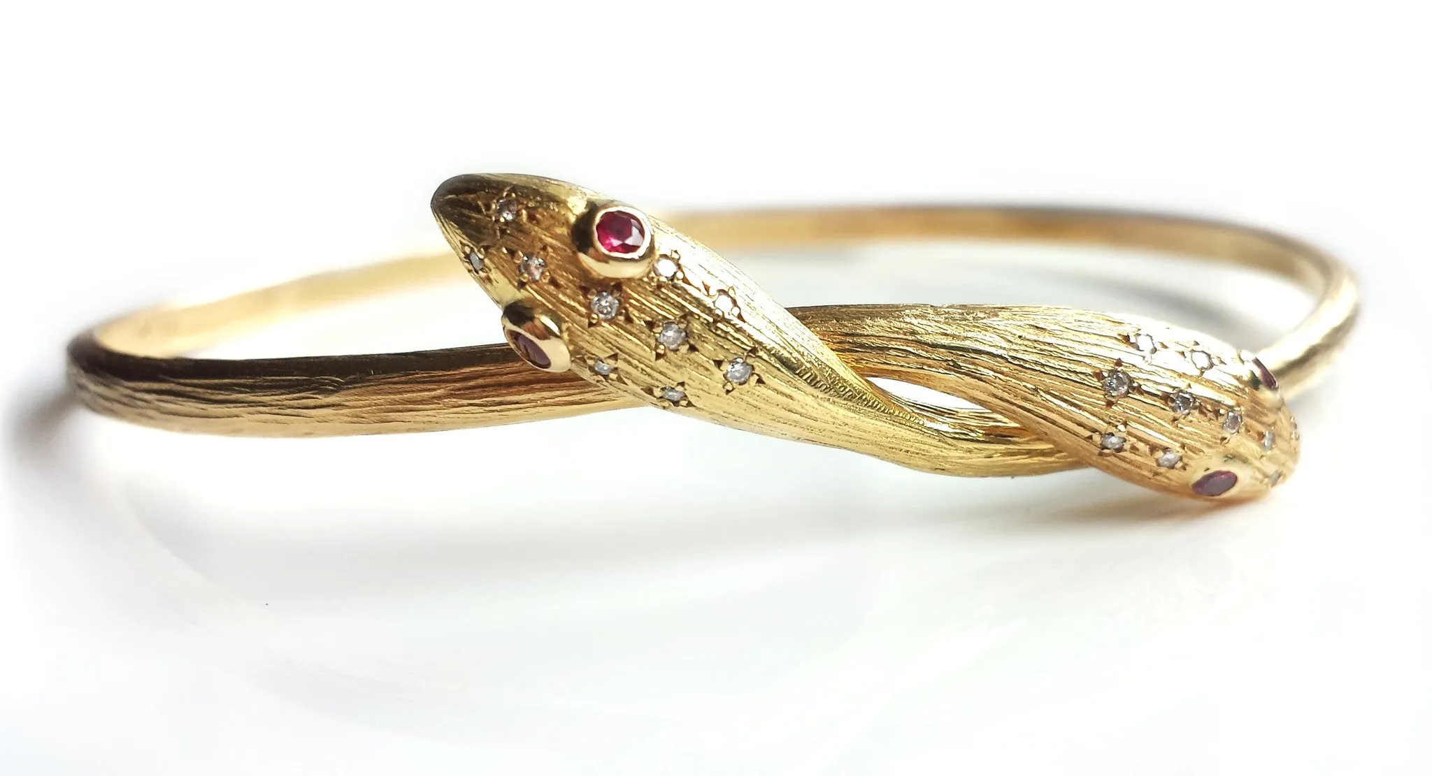 Vintage 1970s 18k Yellow Gold Serpent / Snake Bangle with Rubies & Diamonds