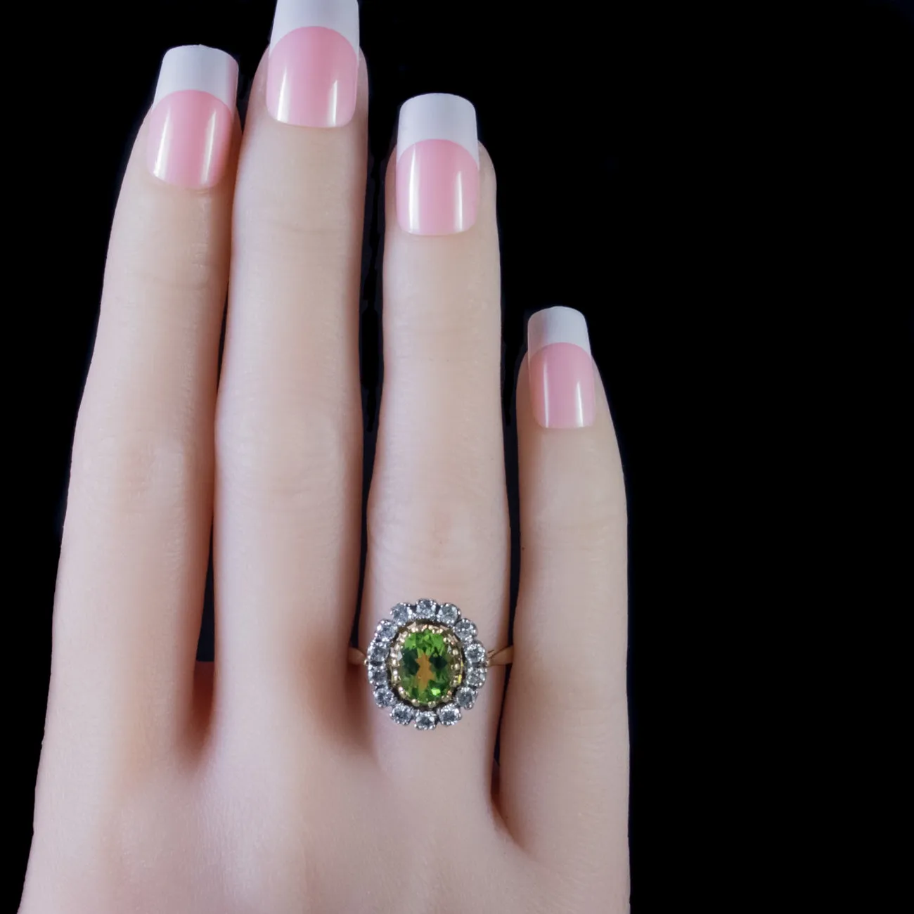 Vintage 2.50Ct Peridot 1.50Ct Diamond Cluster Ring Circa 1930
