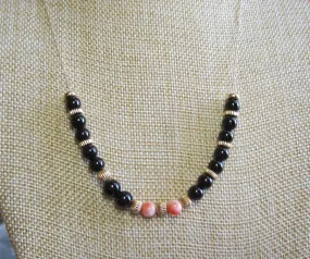 Vintage Angel Skin Coral Black Onyx 14K Solid Yellow Gold Necklace
