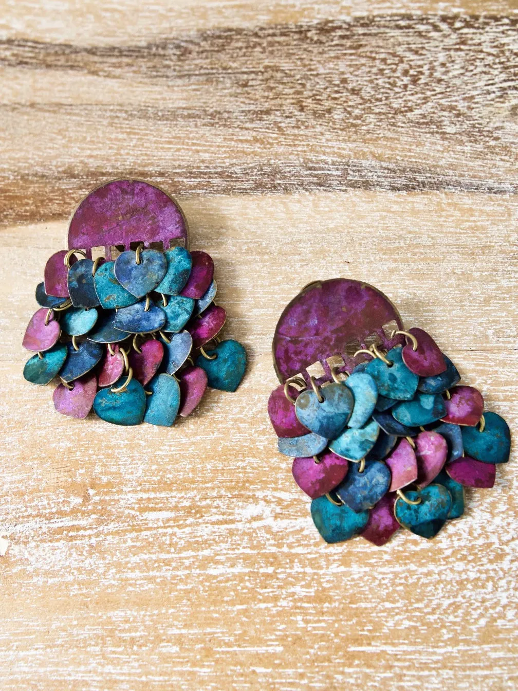 Vintage Brass Heart Charms Painted Earrings