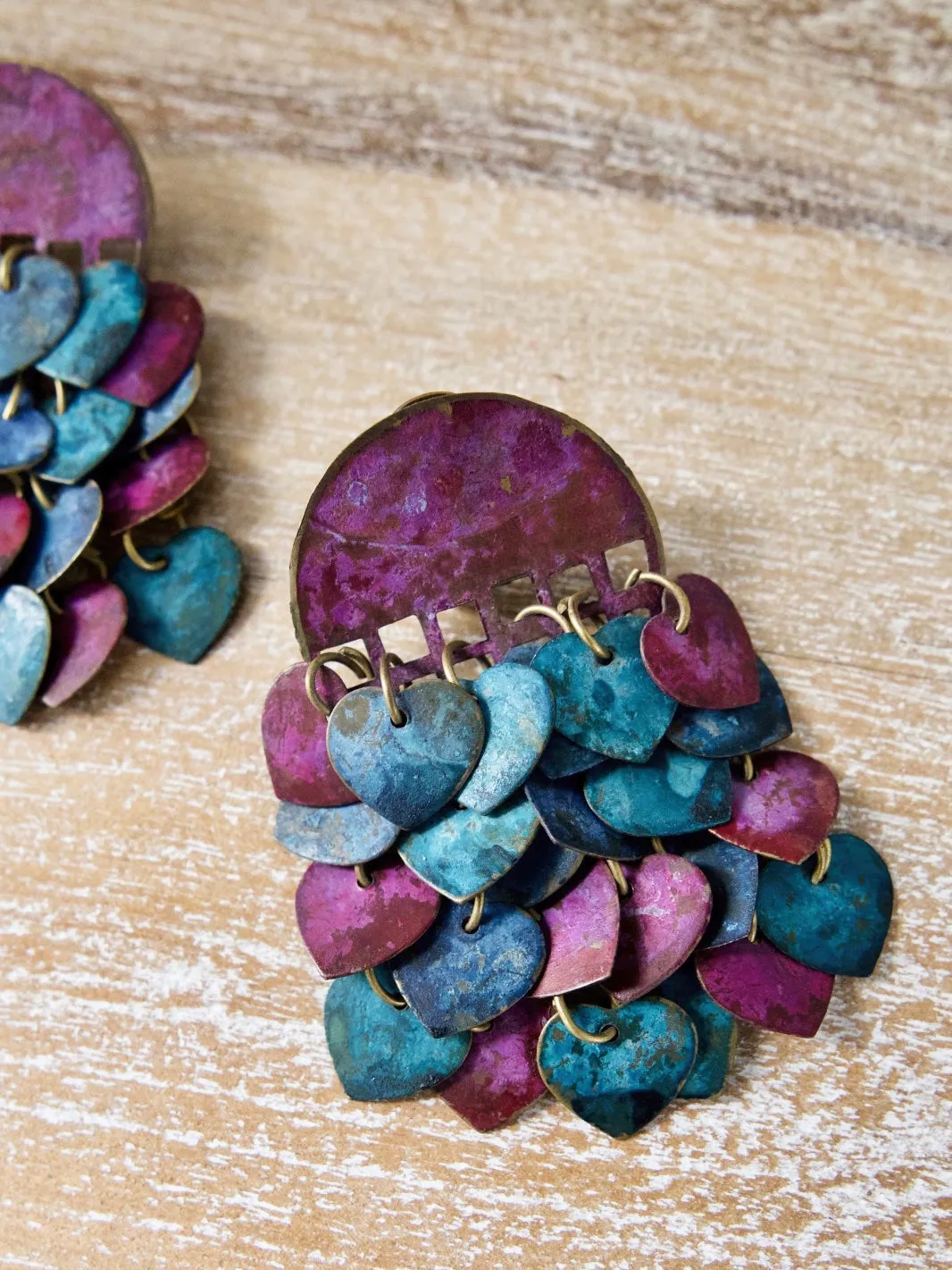 Vintage Brass Heart Charms Painted Earrings