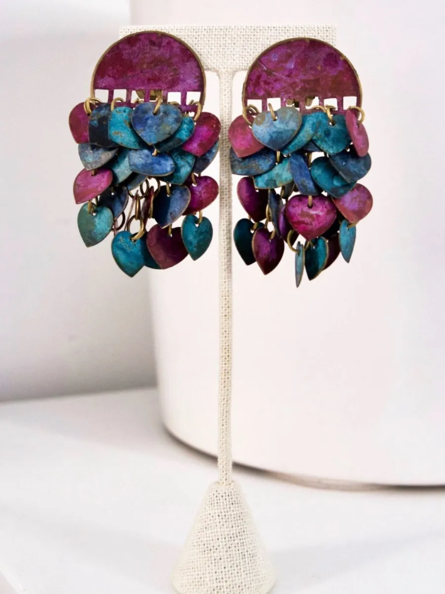 Vintage Brass Heart Charms Painted Earrings