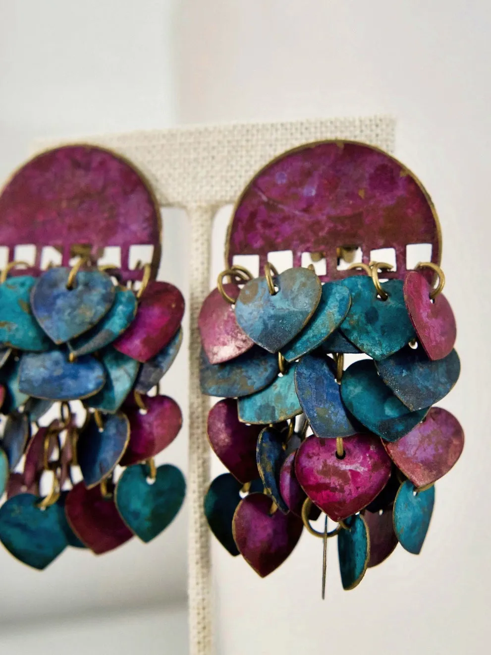 Vintage Brass Heart Charms Painted Earrings