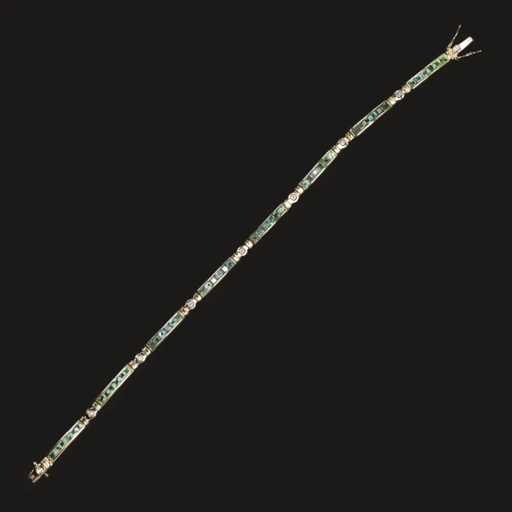 VINTAGE EMERALD DIAMOND BRACELET 14k YELLOW GOLD CHANNEL SET NATURAL ESTATE