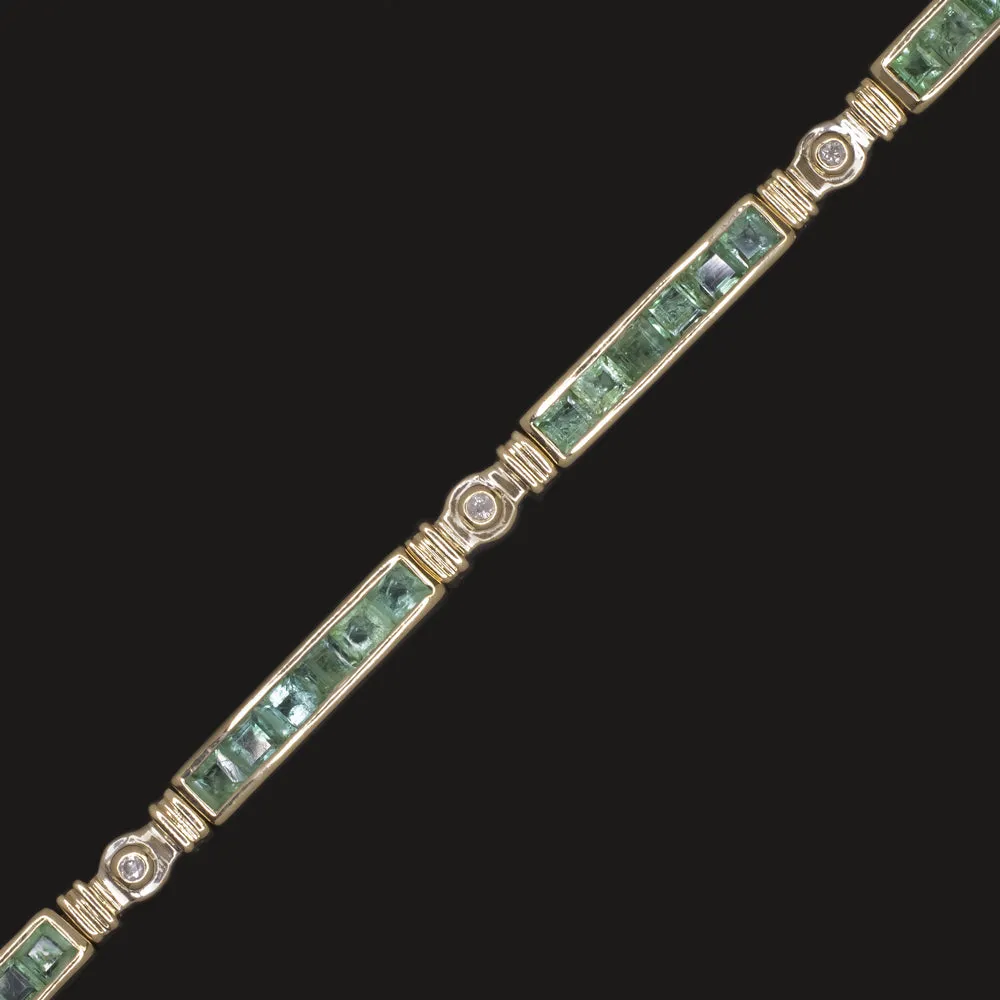 VINTAGE EMERALD DIAMOND BRACELET 14k YELLOW GOLD CHANNEL SET NATURAL ESTATE
