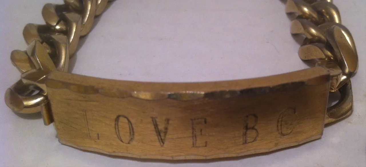 Vintage Gold Plated Bracelet, Love BC, Speidel, USA, Heavy Goldtone, Engraved with Love BC, Quality Bracelet