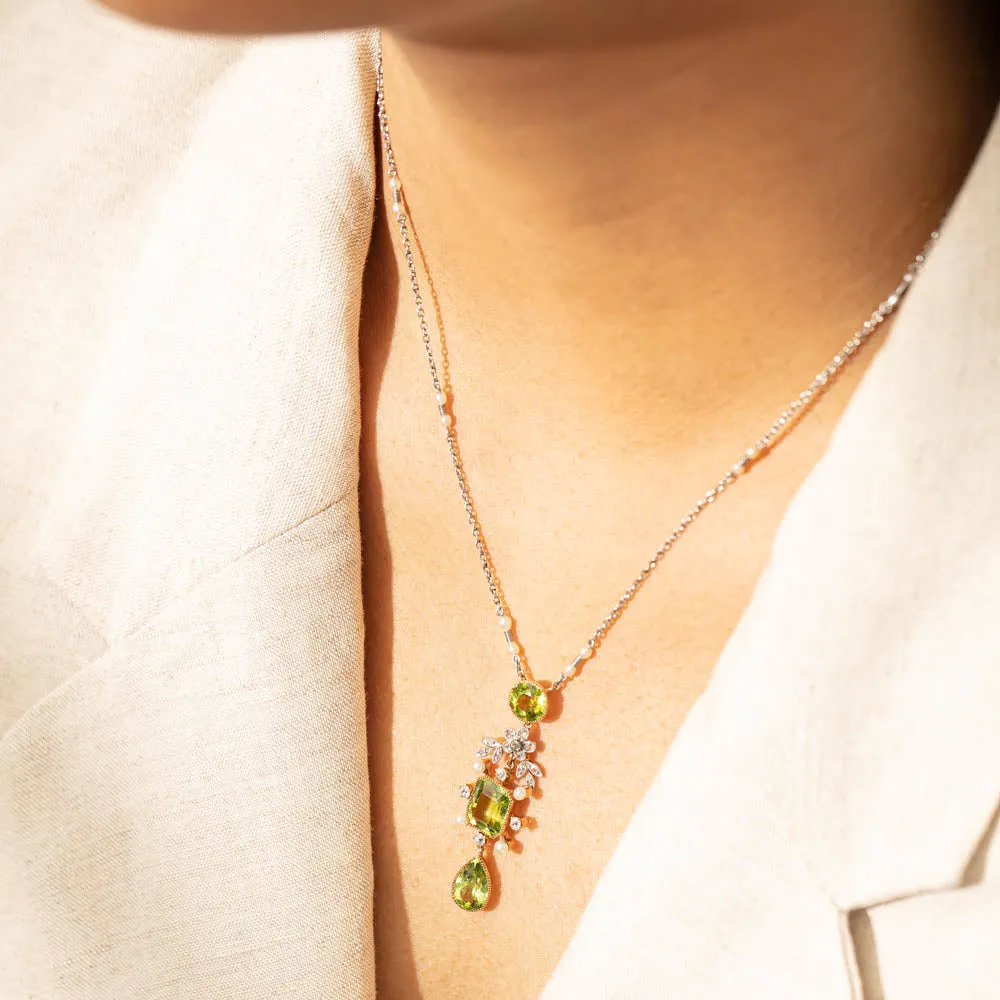 Vintage Platinum & Yellow Gold, Peridot, Pearl & Diamond Set