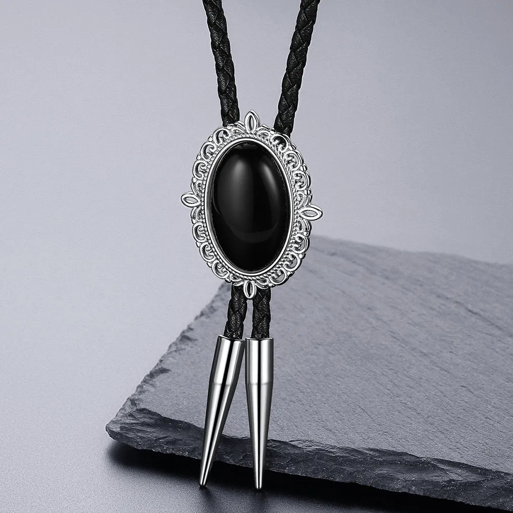 Western Black Onyx Bolo Tie Leather Neckties for Men