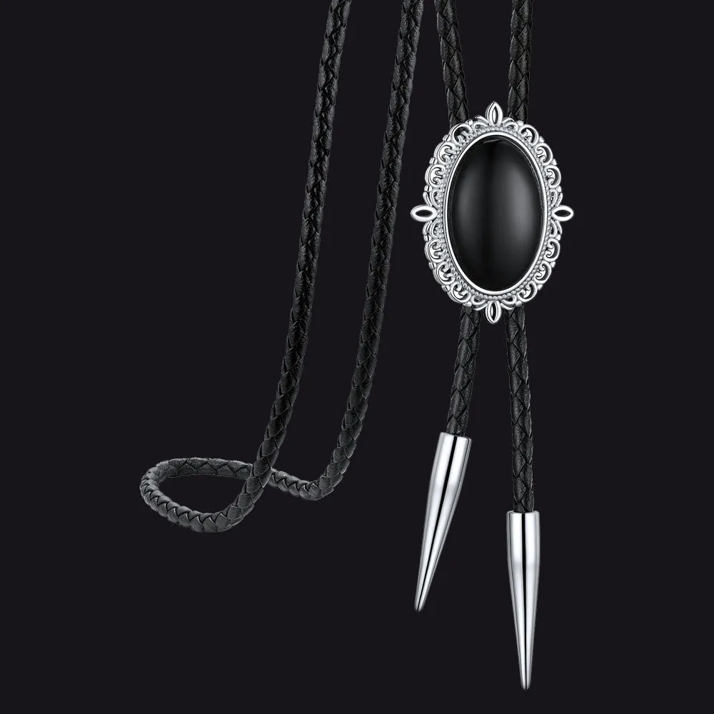 Western Black Onyx Bolo Tie Leather Neckties for Men