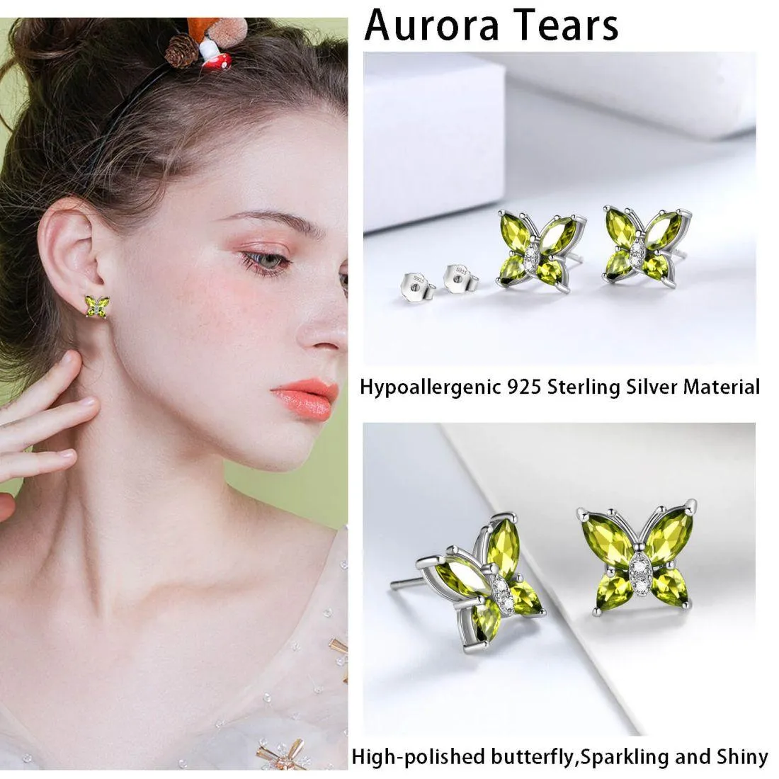 Women Stud Earrings Butterfly Birthstone August Peridot Girls Jewelry Birthday Gift