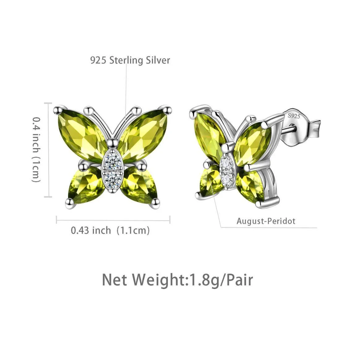 Women Stud Earrings Butterfly Birthstone August Peridot Girls Jewelry Birthday Gift