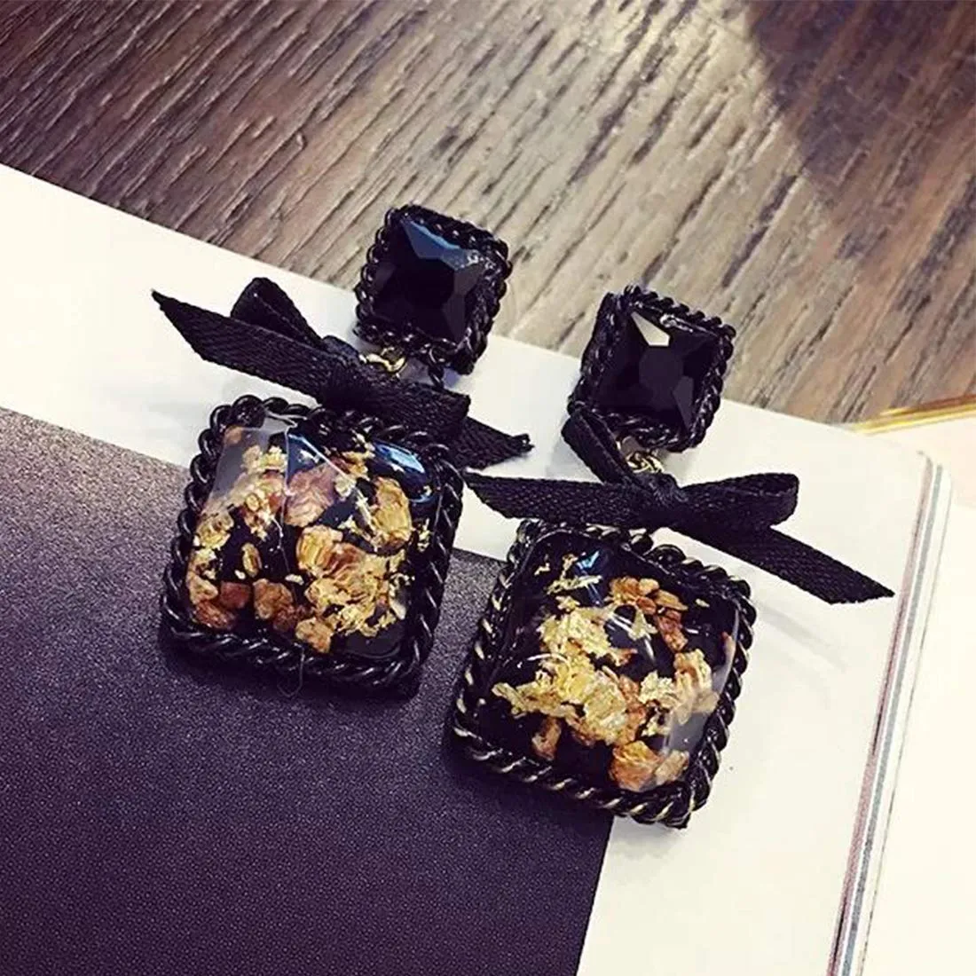 Yellow Chimes Drop Earrings for Women Bow Black Crystal Drop Earrings Geometric Squared Drop Earrings For Women and Girls