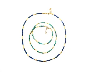 Yellow gold bead necklace with lapis lazuli or turquois and diamonds