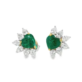 Zambian Heart Shape Emerald & Marquise Diamond Stud Earrings